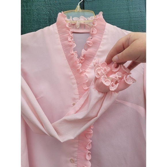 HP Vintage Crepe Button Up Ruffled Mandarin Neckline, Cuffs Long Sleeve Blouse - Picture 5 of 6